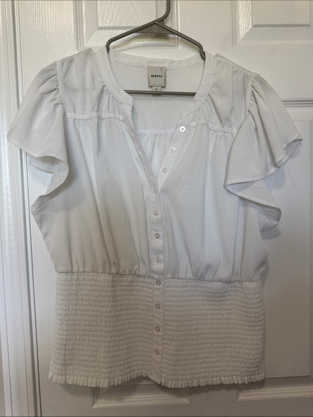 Maeve White Button Smocked-Waist Flutter Sleeve Top Sz XL like new